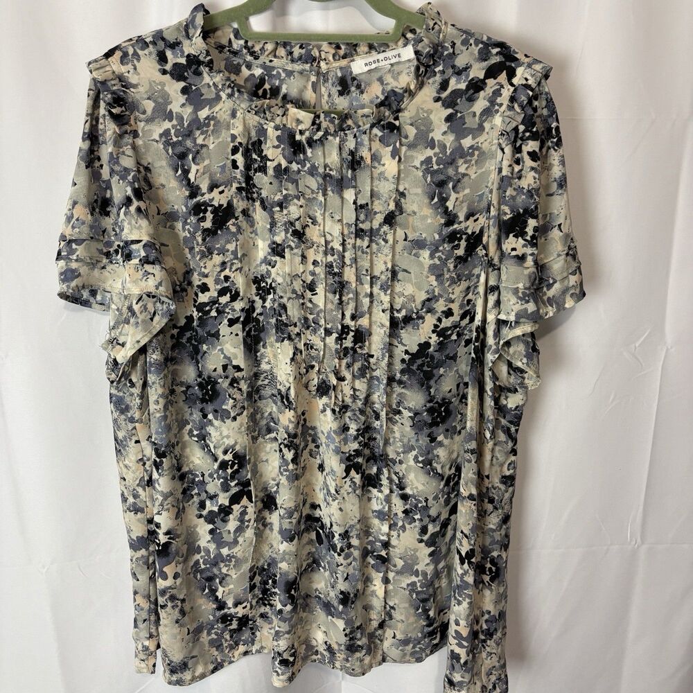 Rose +‎ Olive Sheer Flutter Sleeve Blouse Ruffle Neck Size 3X Gray Pink Pastel